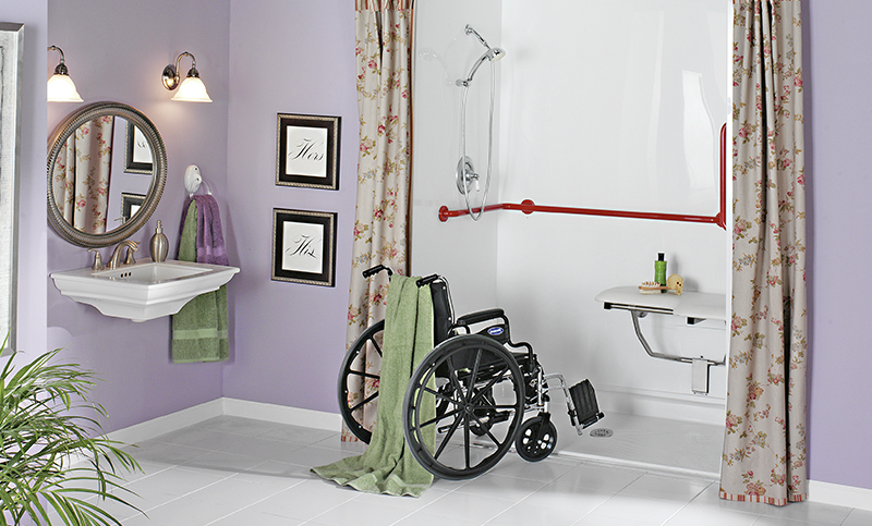 Walk-in accessible shower with grab bars and a fold-down seat