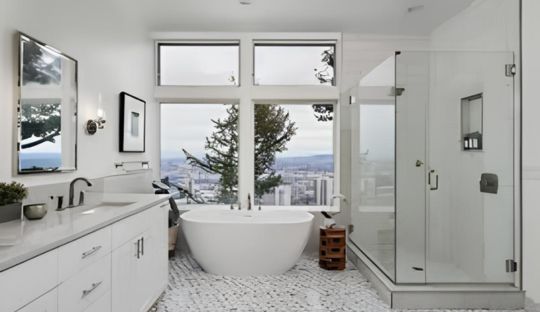 Beige marble bathroom remodel completed in Detroit, Michigan
