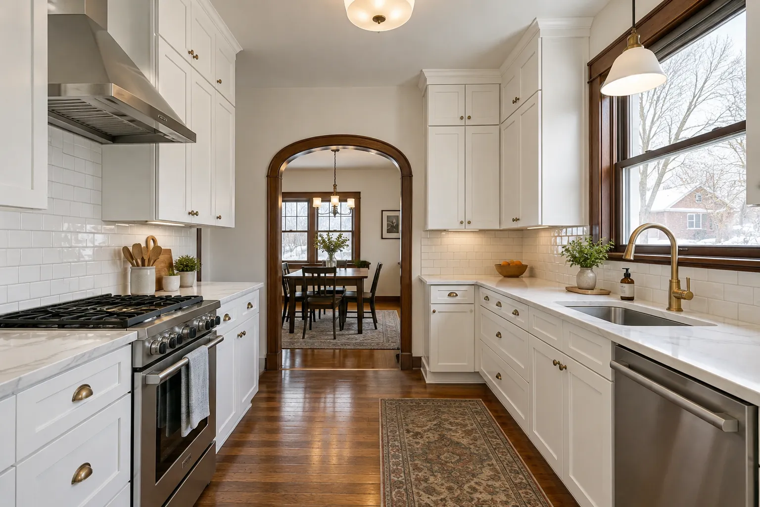 Remodeled galley kitchen with white shaker cabinets, quartz counters and restored oak floors in an older bungalow