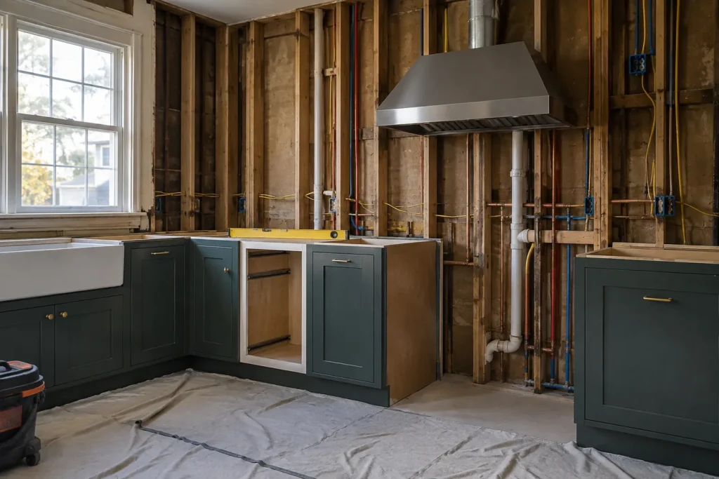 Kitchen remodel in progress with new wiring and plumbing run through the opened walls of an older home